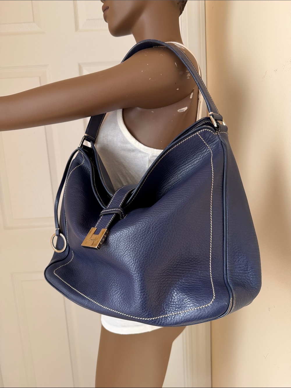 Lambertson truex  Navy Leather Hobo Bag with Contrast Stitching